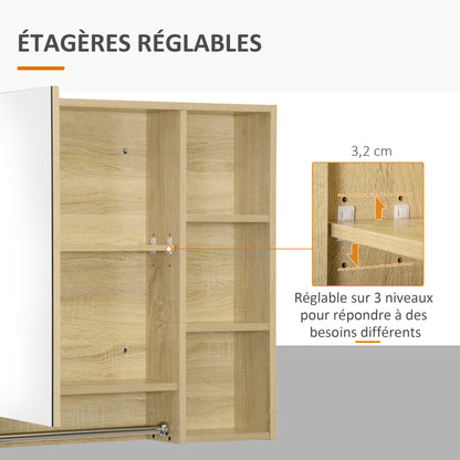 Bathroom Cabinet with Mirror, Wall-mounted Toilet Cabinet, Bathroom Mirror with Storage, Towel Rack, 3 Niches, Cupboard and Adjustable Shelf, 80x15x90 cm Natural