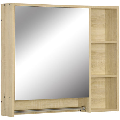 Bathroom Cabinet with Mirror, Wall-mounted Toilet Cabinet, Bathroom Mirror with Storage, Towel Rack, 3 Niches, Cupboard and Adjustable Shelf, 80x15x90 cm Natural