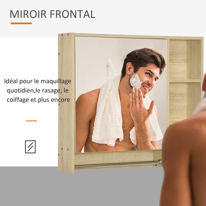 Bathroom Cabinet with Mirror, Wall-mounted Toilet Cabinet, Bathroom Mirror with Storage, Towel Rack, 3 Niches, Cupboard and Adjustable Shelf, 80x15x90 cm Natural