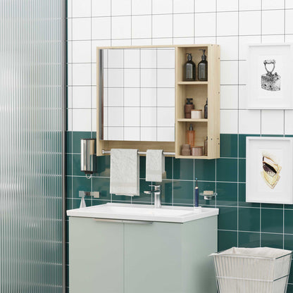 Bathroom Cabinet with Mirror, Wall-mounted Toilet Cabinet, Bathroom Mirror with Storage, Towel Rack, 3 Niches, Cupboard and Adjustable Shelf, 80x15x90 cm Natural