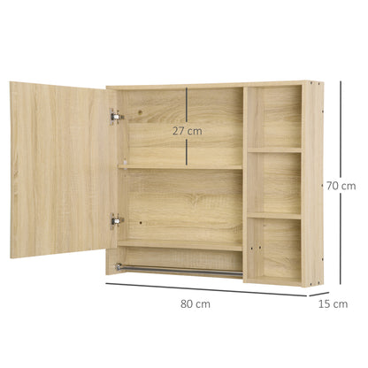Bathroom Cabinet with Mirror, Wall-mounted Toilet Cabinet, Bathroom Mirror with Storage, Towel Rack, 3 Niches, Cupboard and Adjustable Shelf, 80x15x90 cm Natural