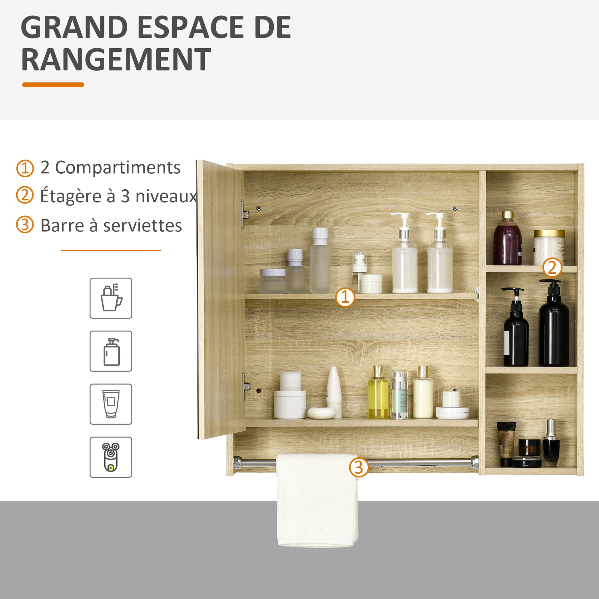 Bathroom Cabinet with Mirror, Wall-mounted Toilet Cabinet, Bathroom Mirror with Storage, Towel Rack, 3 Niches, Cupboard and Adjustable Shelf, 80x15x90 cm Natural