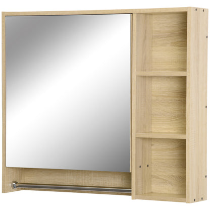 Bathroom Cabinet with Mirror, Wall-mounted Toilet Cabinet, Bathroom Mirror with Storage, Towel Rack, 3 Niches, Cupboard and Adjustable Shelf, 80x15x90 cm Natural