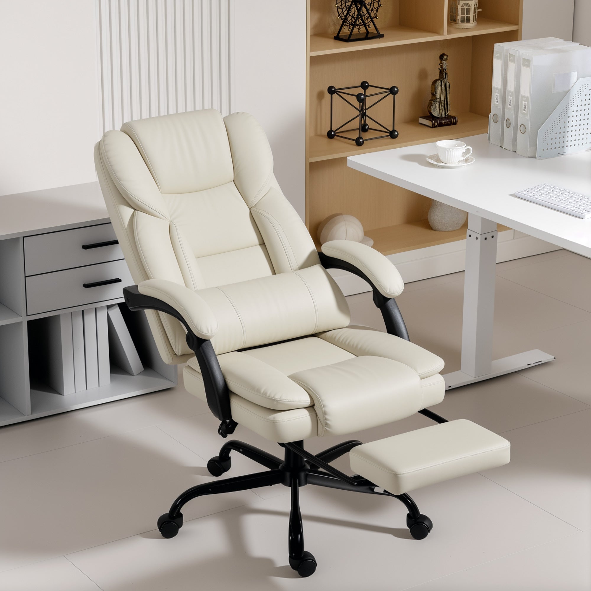 Ergonomic Office Chair with Adjustable Backrest, Retractable Footrest, Padded Faux Leather Swivel Seat, Height Adjustable — Beige