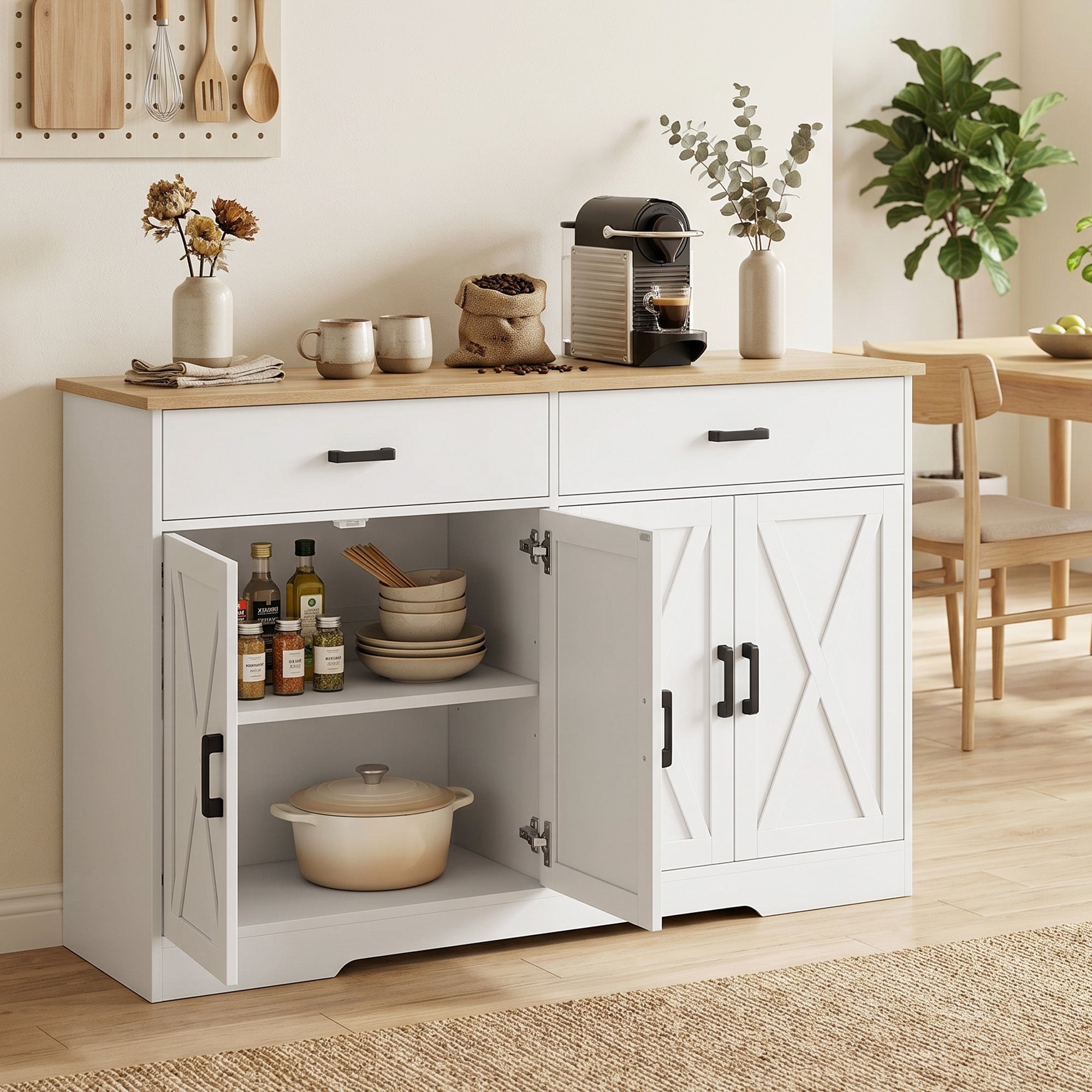Sideboard Buffet Cabinet, 55.1 in Farmhouse Kitchen Cabinet with 2 Drawers & 2 Cabinets, Coffee Bar with Sliding/Barn-Style Doors and Adjustable Shelves, White
