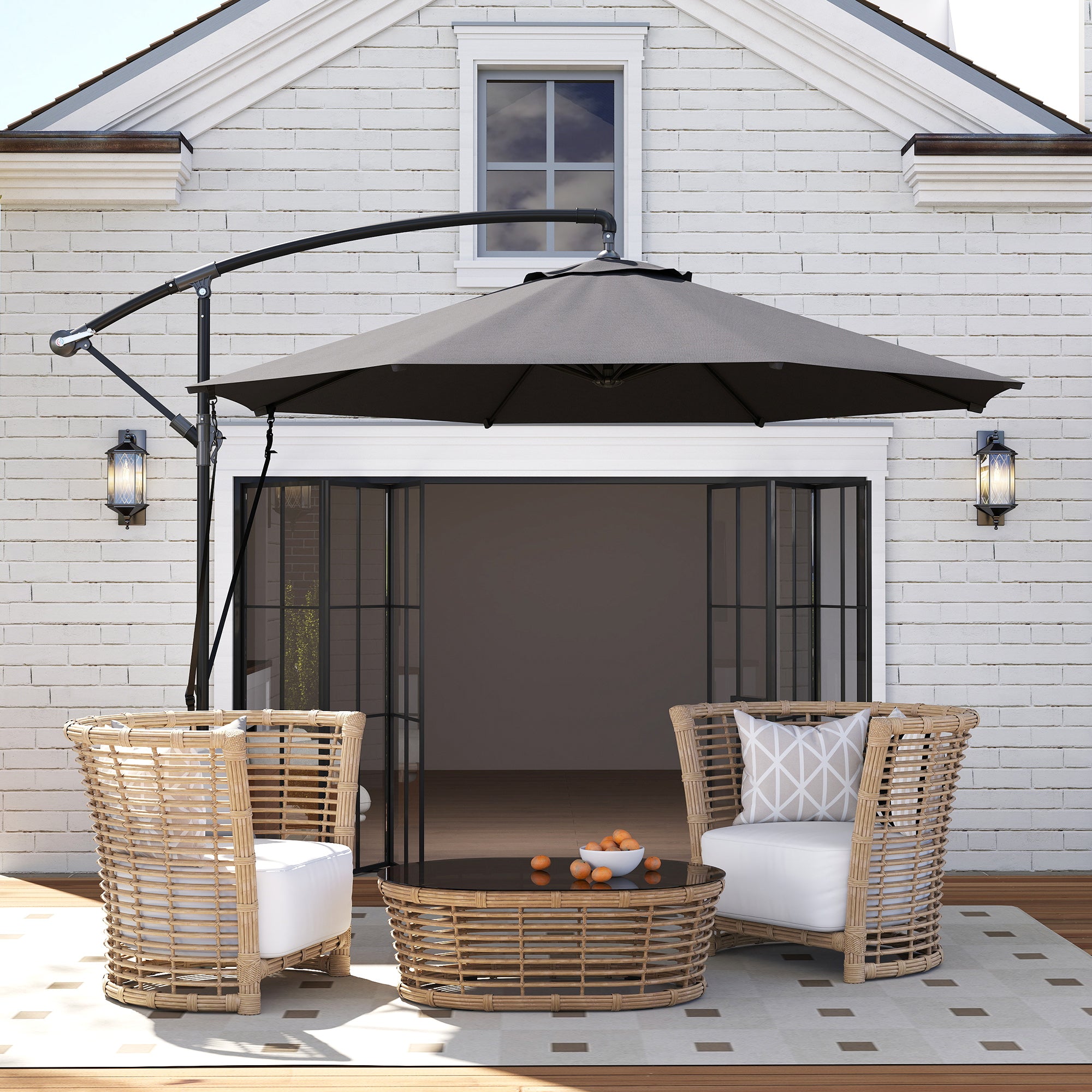 Offset Umbrella Ø 290 cm Garden Parasol with Cross Base Crank Umbrella Cover and Anti-UV 50+ Wind Rope Umbrella for Terrace Patio Dark Gray