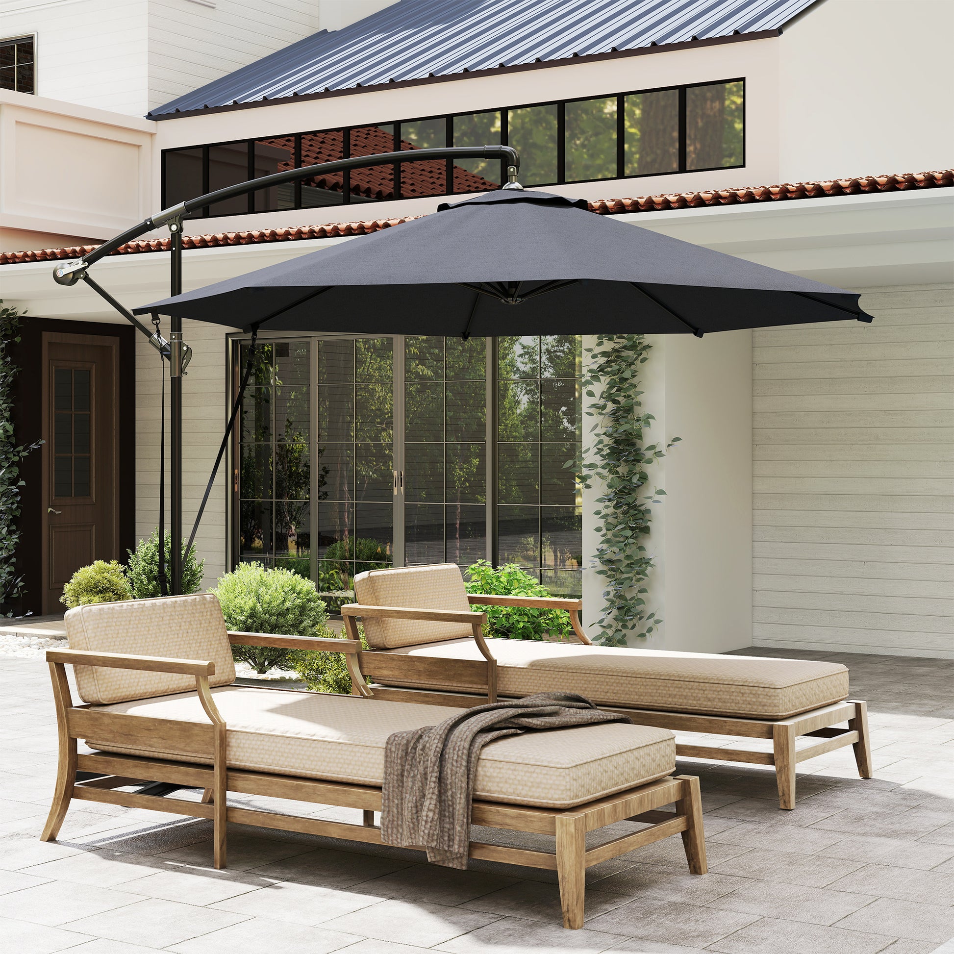 Offset Umbrella Ø 290 cm Garden Parasol with Cross Base Crank Umbrella Cover and Anti-UV 50+ Wind Rope Umbrella for Terrace Patio Dark Gray