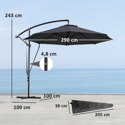 Offset Umbrella Ø 290 cm Garden Parasol with Cross Base Crank Umbrella Cover and Anti-UV 50+ Wind Rope Umbrella for Terrace Patio Dark Gray