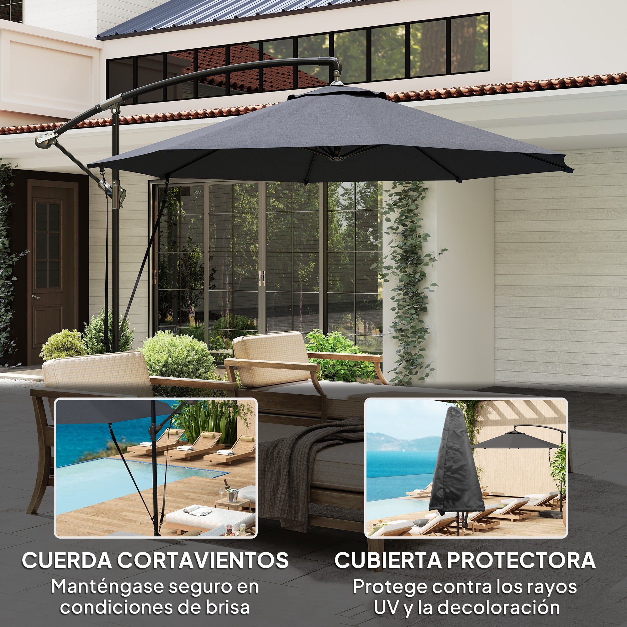 Offset Umbrella Ø 290 cm Garden Parasol with Cross Base Crank Umbrella Cover and Anti-UV 50+ Wind Rope Umbrella for Terrace Patio Dark Gray