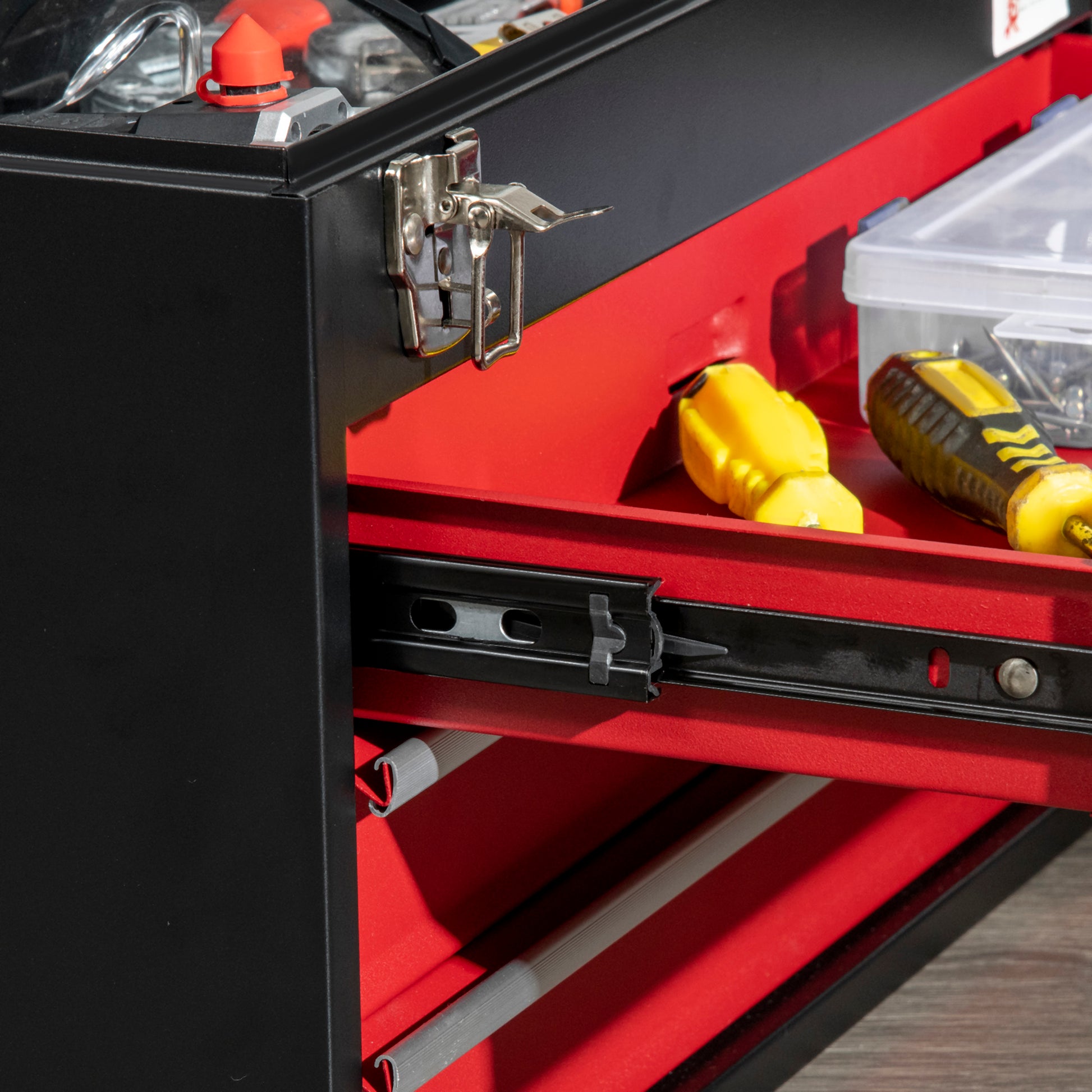 Empty Tool Case, 51 x 22 x 32 cm Tool Box with 3 Drawers, Top Storage Compartment, Handle, Tool Chest with 2 Locks, Made of Steel, Black+Red