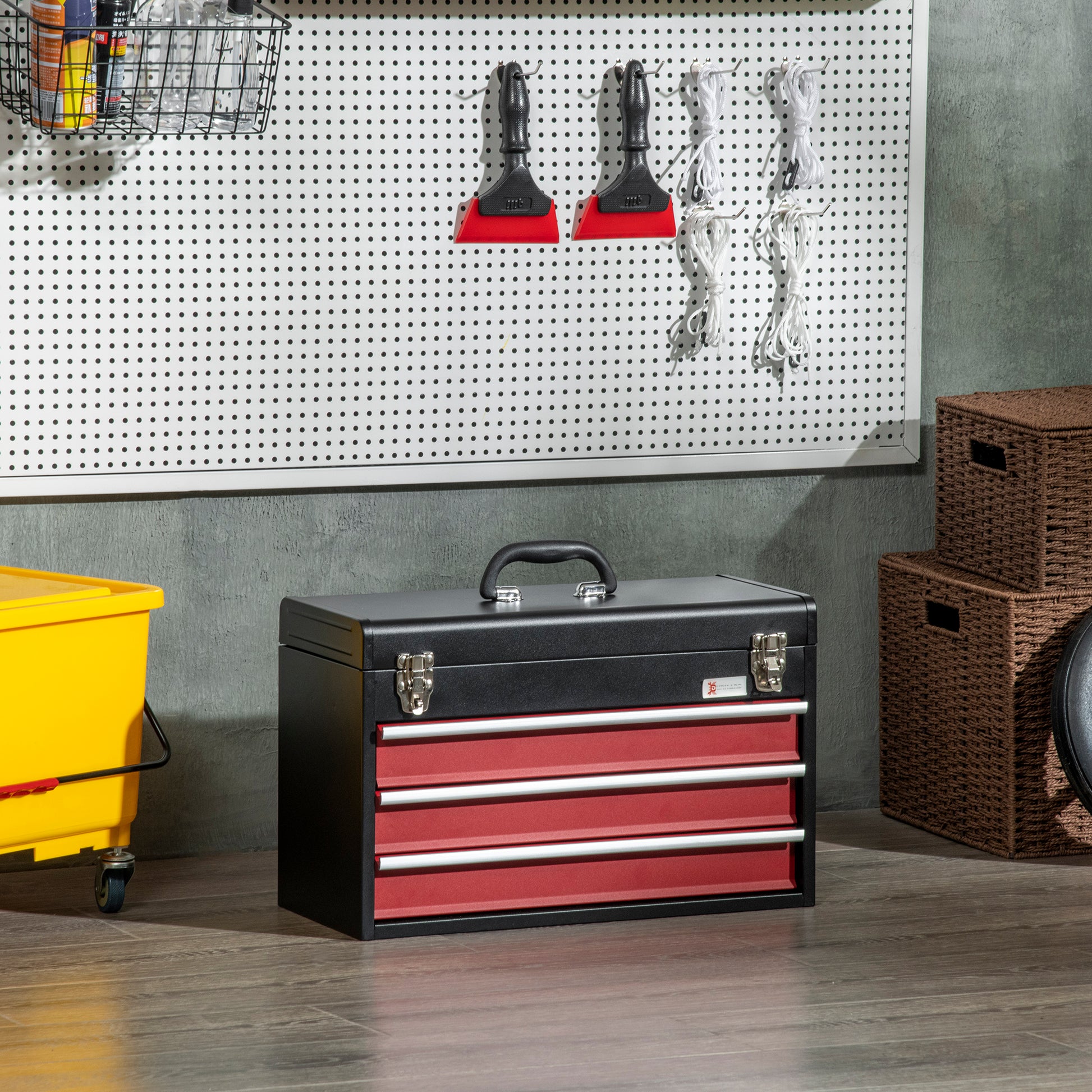 Empty Tool Case, 51 x 22 x 32 cm Tool Box with 3 Drawers, Top Storage Compartment, Handle, Tool Chest with 2 Locks, Made of Steel, Black+Red