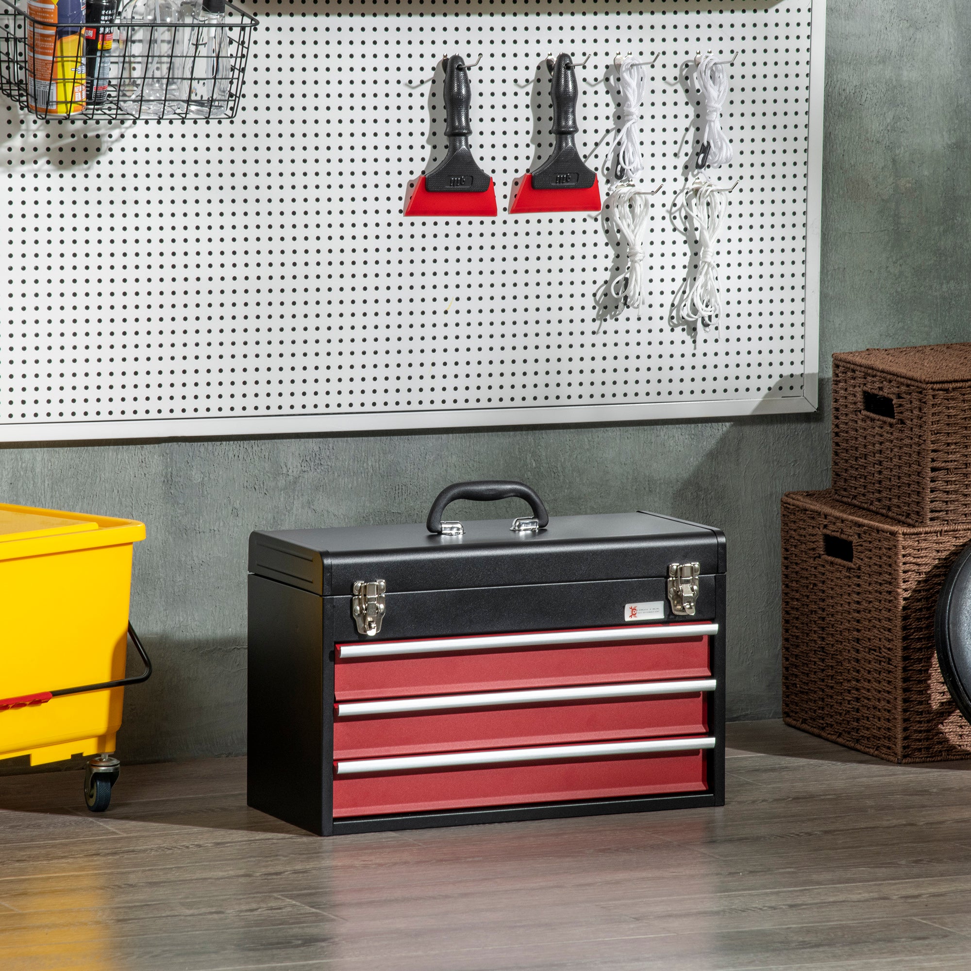 Empty Tool Case, 51 x 22 x 32 cm Tool Box with 3 Drawers, Top Storage Compartment, Handle, Tool Chest with 2 Locks, Made of Steel, Black+Red