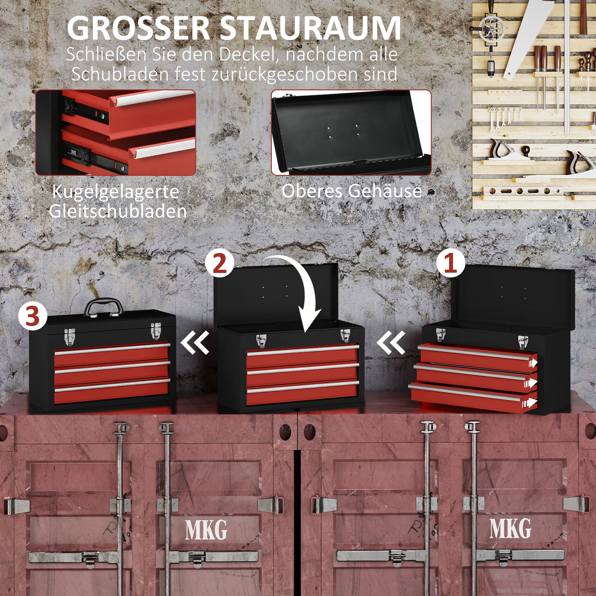 Empty Tool Case, 51 x 22 x 32 cm Tool Box with 3 Drawers, Top Storage Compartment, Handle, Tool Chest with 2 Locks, Made of Steel, Black+Red