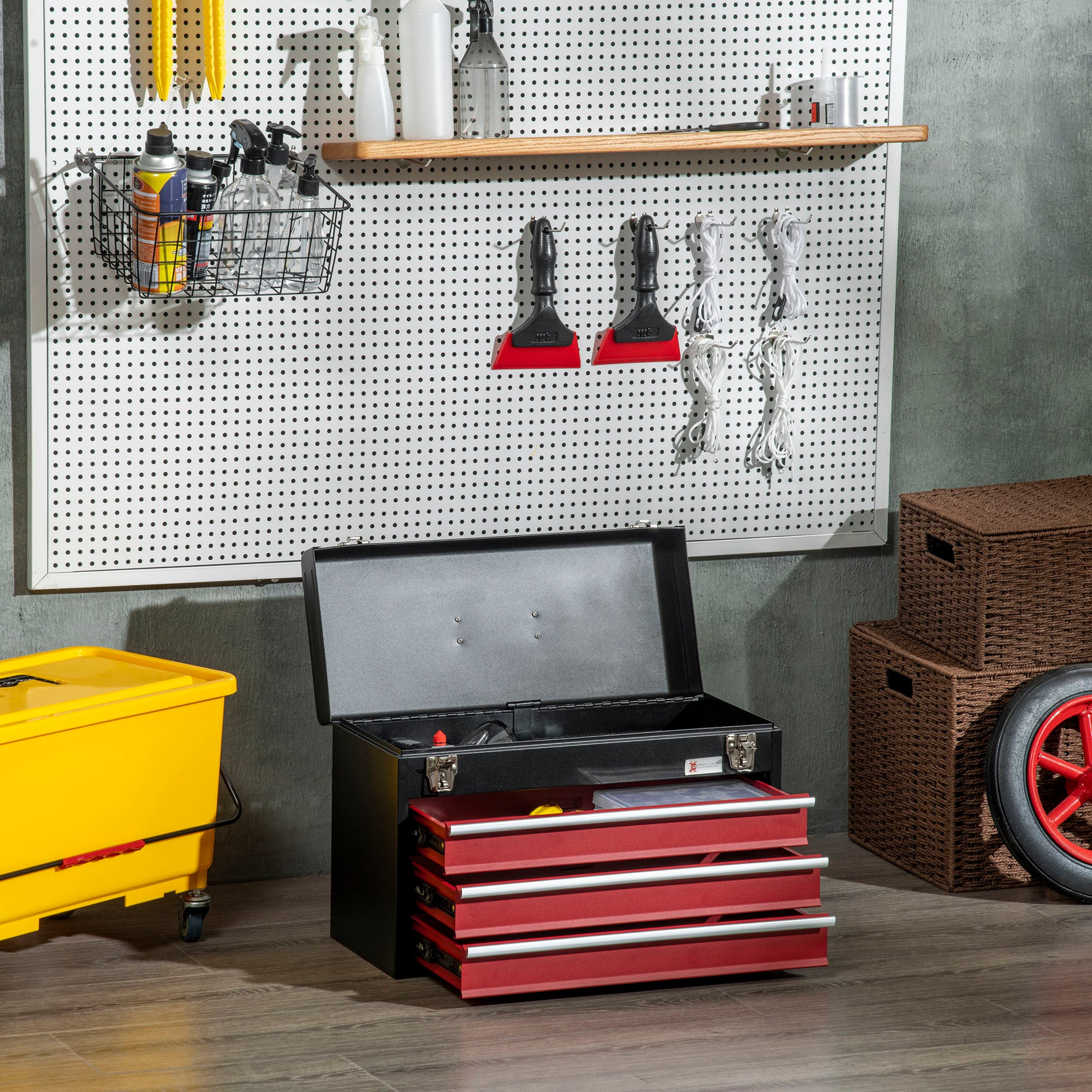 Empty Tool Case, 51 x 22 x 32 cm Tool Box with 3 Drawers, Top Storage Compartment, Handle, Tool Chest with 2 Locks, Made of Steel, Black+Red