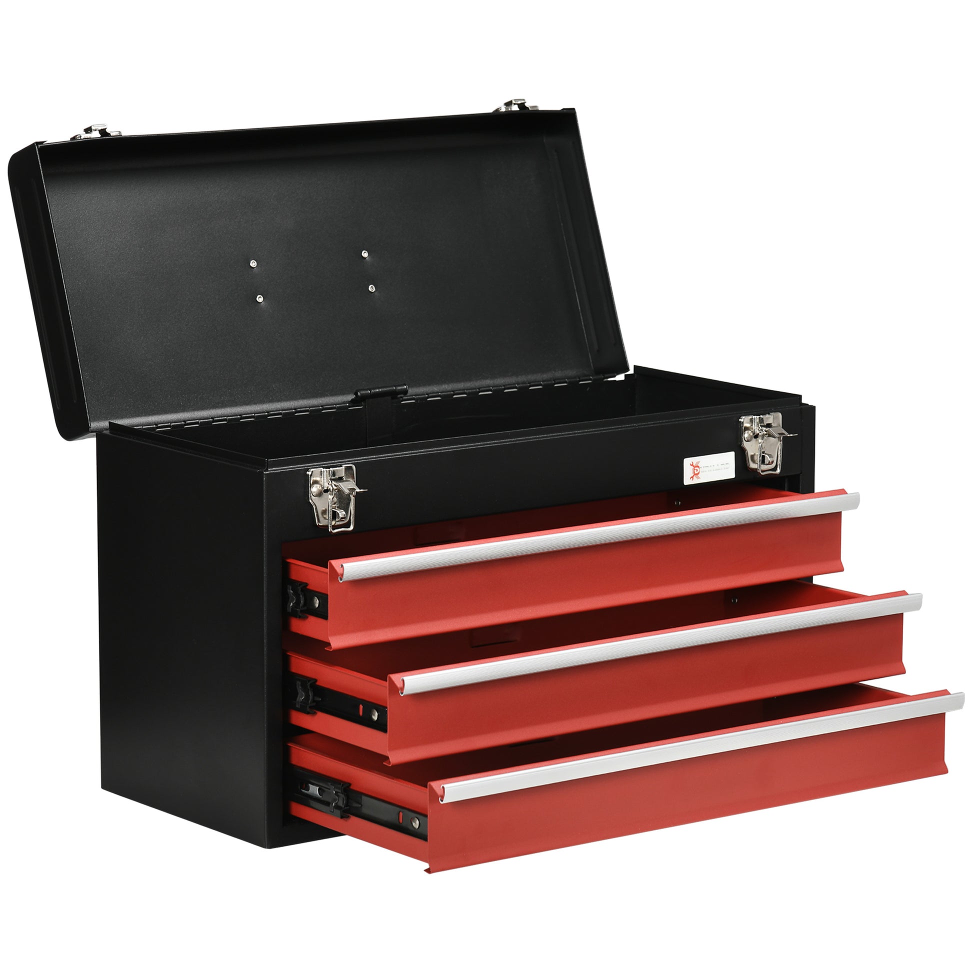 Empty Tool Case, 51 x 22 x 32 cm Tool Box with 3 Drawers, Top Storage Compartment, Handle, Tool Chest with 2 Locks, Made of Steel, Black+Red