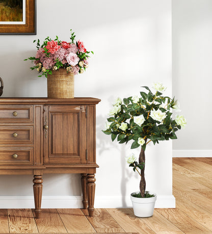 Large Artificial Rose Plant 90cm Artificial Plant, Plastic Artificial Rose Tree in Pot, Realistic Artificial Tree for Living Room Bedroom Office Modern Decoration Gift
