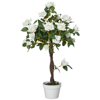 Large Artificial Rose Plant 90cm Artificial Plant, Plastic Artificial Rose Tree in Pot, Realistic Artificial Tree for Living Room Bedroom Office Modern Decoration Gift