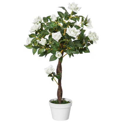 Large Artificial Rose Plant 90cm Artificial Plant, Plastic Artificial Rose Tree in Pot, Realistic Artificial Tree for Living Room Bedroom Office Modern Decoration Gift