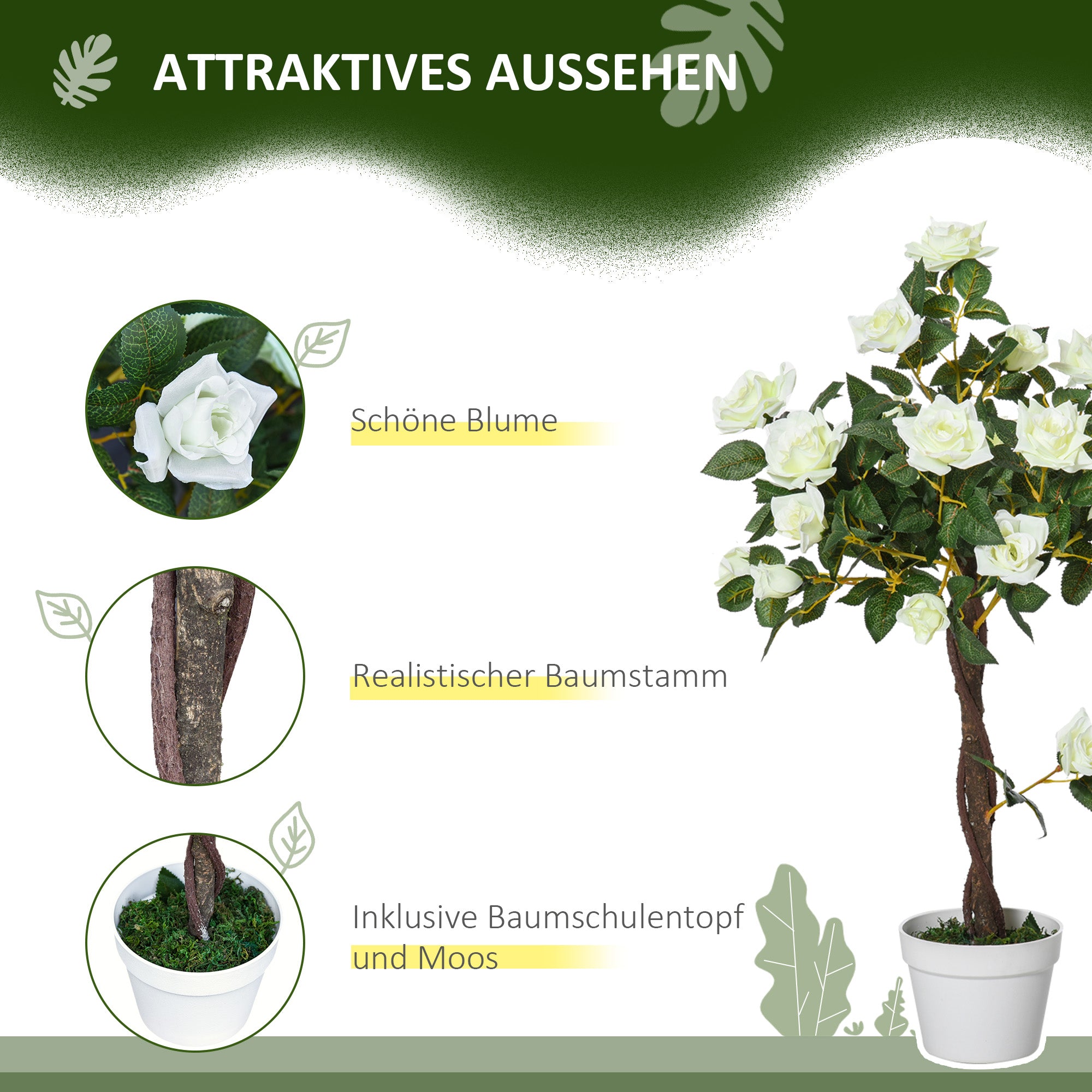Large Artificial Rose Plant 90cm Artificial Plant, Plastic Artificial Rose Tree in Pot, Realistic Artificial Tree for Living Room Bedroom Office Modern Decoration Gift