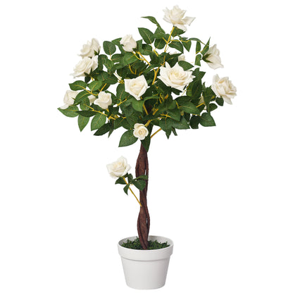 Large Artificial Rose Plant 90cm Artificial Plant, Plastic Artificial Rose Tree in Pot, Realistic Artificial Tree for Living Room Bedroom Office Modern Decoration Gift