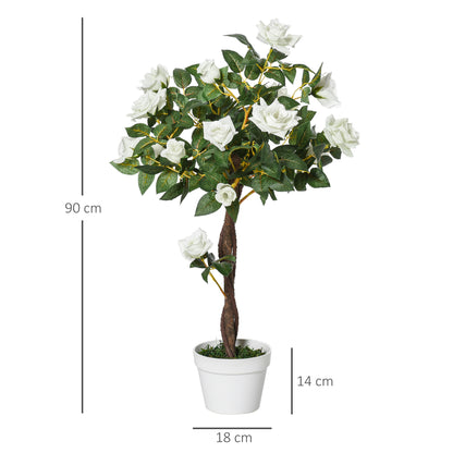 Large Artificial Rose Plant 90cm Artificial Plant, Plastic Artificial Rose Tree in Pot, Realistic Artificial Tree for Living Room Bedroom Office Modern Decoration Gift