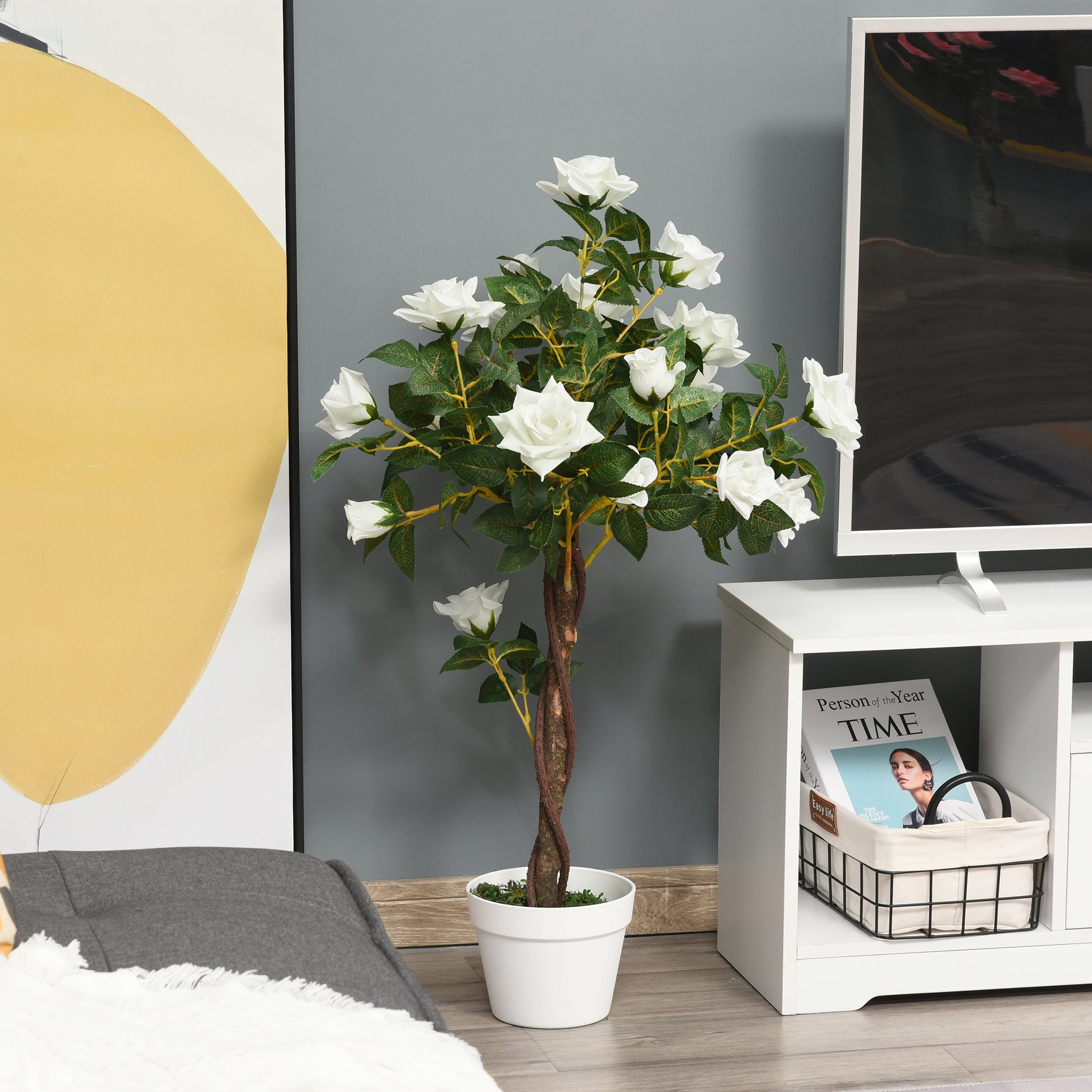 Large Artificial Rose Plant 90cm Artificial Plant, Plastic Artificial Rose Tree in Pot, Realistic Artificial Tree for Living Room Bedroom Office Modern Decoration Gift