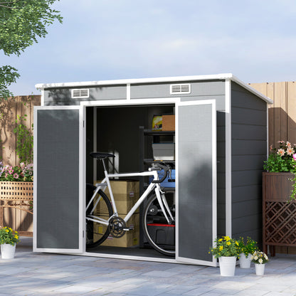 Tool Shed 2.54m², Waterproof Garden House with Floor Pent Roof, 238x125x183/165 cm, Tool Shed with Lockable Door, Window Bike Garage Garden Cabinet made of Aluminum, for Backyard, Garden, Gray