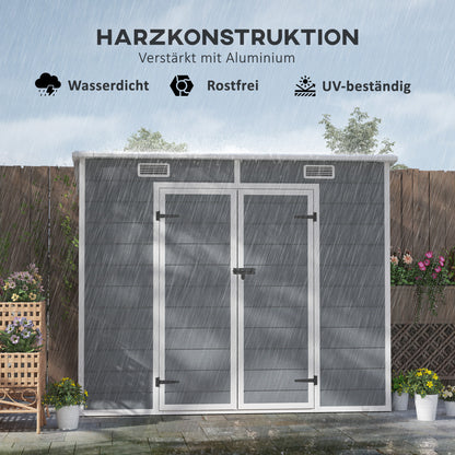Tool Shed 2.54m², Waterproof Garden House with Floor Pent Roof, 238x125x183/165 cm, Tool Shed with Lockable Door, Window Bike Garage Garden Cabinet made of Aluminum, for Backyard, Garden, Gray