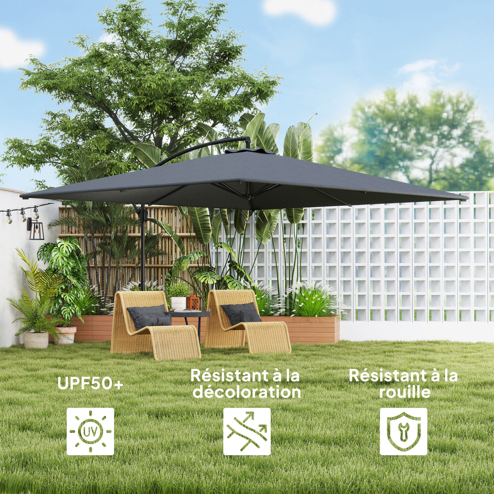 Rectangular Offset Patio Umbrella 3.6x3.9 m, Outdoor Garden Umbrella with Crank, Cross Base, Tilt and 360° Rotation, 180 g/m² Polyester Canopy, UV Protection UPF50+, Gray