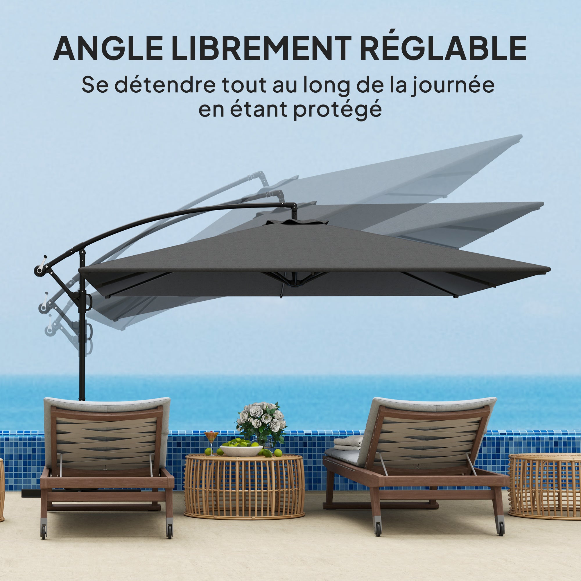 Rectangular Offset Patio Umbrella 3.6x3.9 m, Outdoor Garden Umbrella with Crank, Cross Base, Tilt and 360° Rotation, 180 g/m² Polyester Canopy, UV Protection UPF50+, Gray