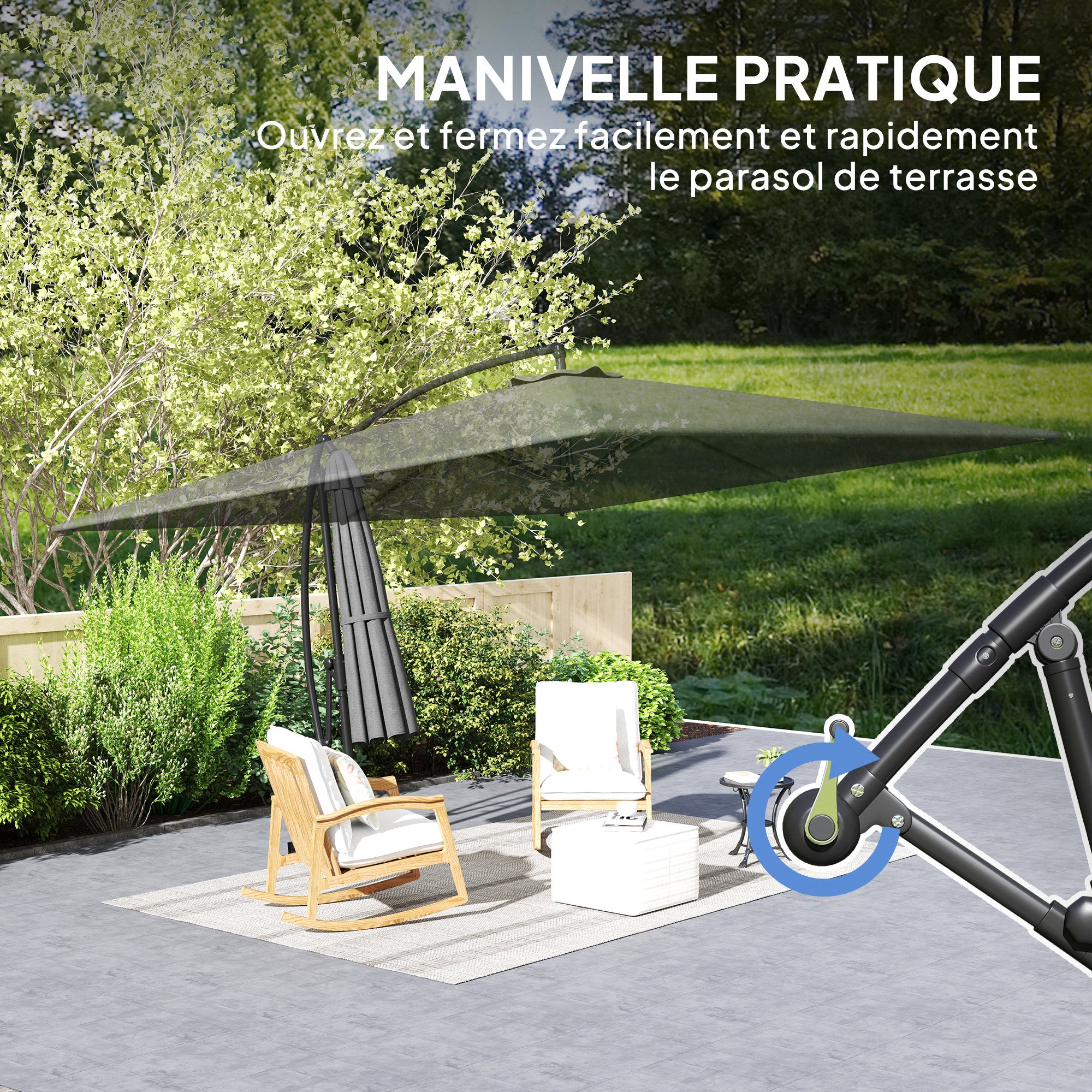 Rectangular Offset Patio Umbrella 3.6x3.9 m, Outdoor Garden Umbrella with Crank, Cross Base, Tilt and 360° Rotation, 180 g/m² Polyester Canopy, UV Protection UPF50+, Gray