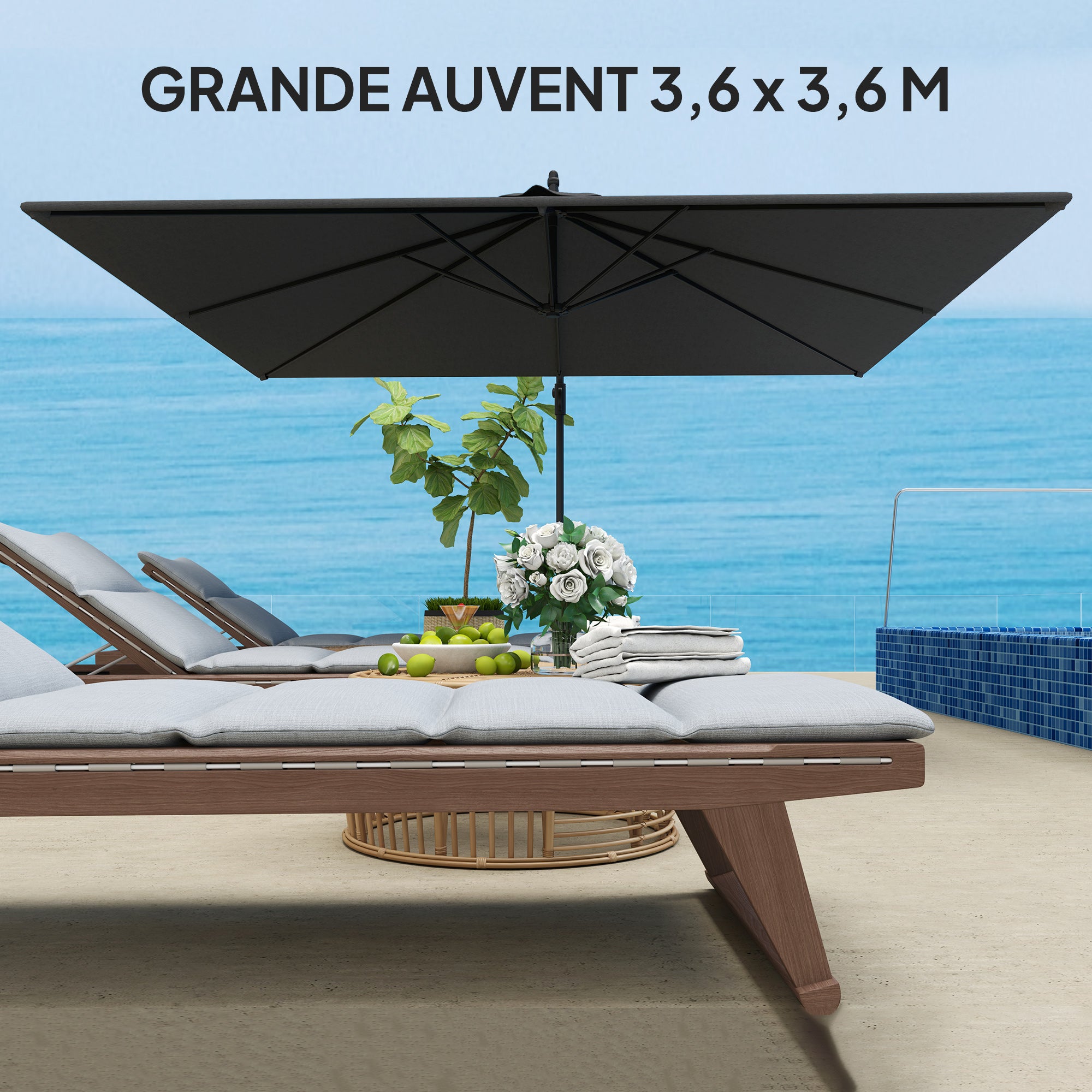 Rectangular Offset Patio Umbrella 3.6x3.9 m, Outdoor Garden Umbrella with Crank, Cross Base, Tilt and 360° Rotation, 180 g/m² Polyester Canopy, UV Protection UPF50+, Gray