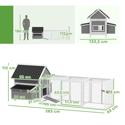 Wooden Chicken Coop with Run, 283 x 133.5 x 112 cm – For 7–10 Hens, 2 Nesting Boxes, Perches & Swing, Gray