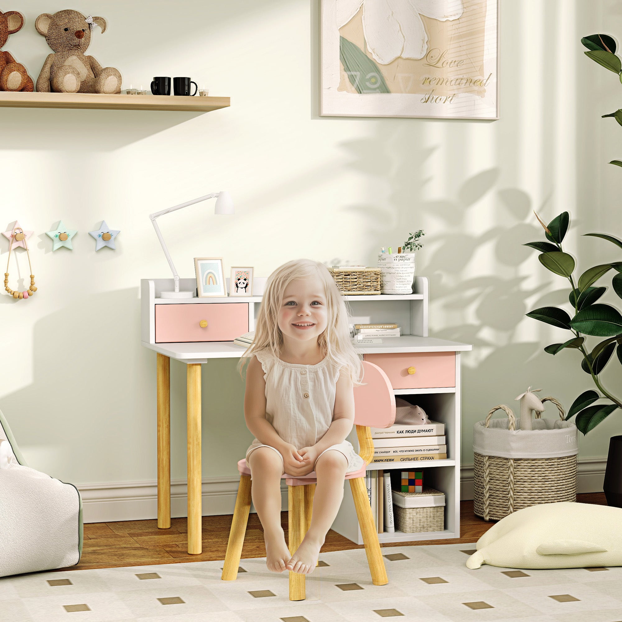 Kids Desk and Chair Set for +3 Years Old Children Children's Desk with Drawers Compartment and Shelves for Bedroom Study Room Pink and White