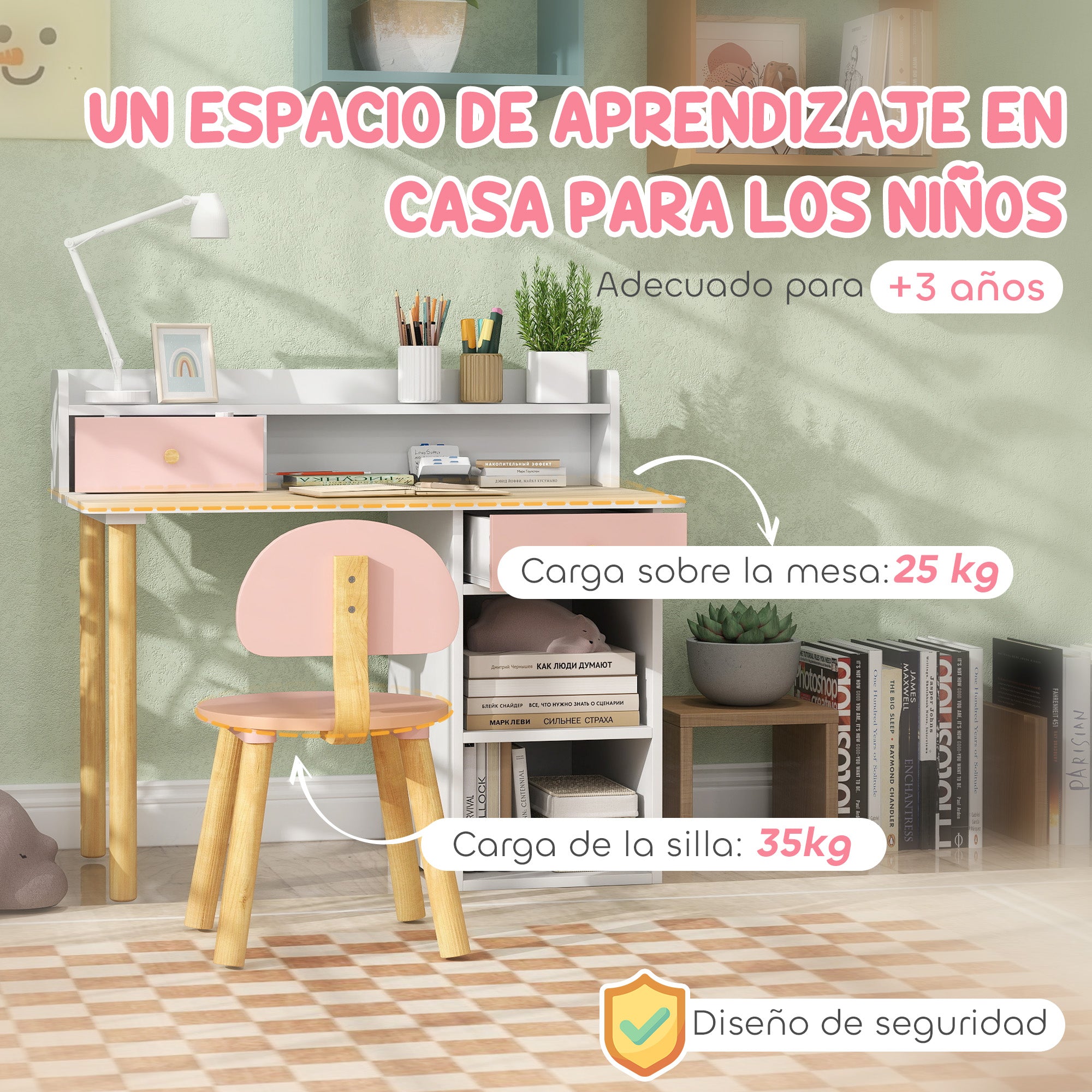 Kids Desk and Chair Set for +3 Years Old Children Children's Desk with Drawers Compartment and Shelves for Bedroom Study Room Pink and White