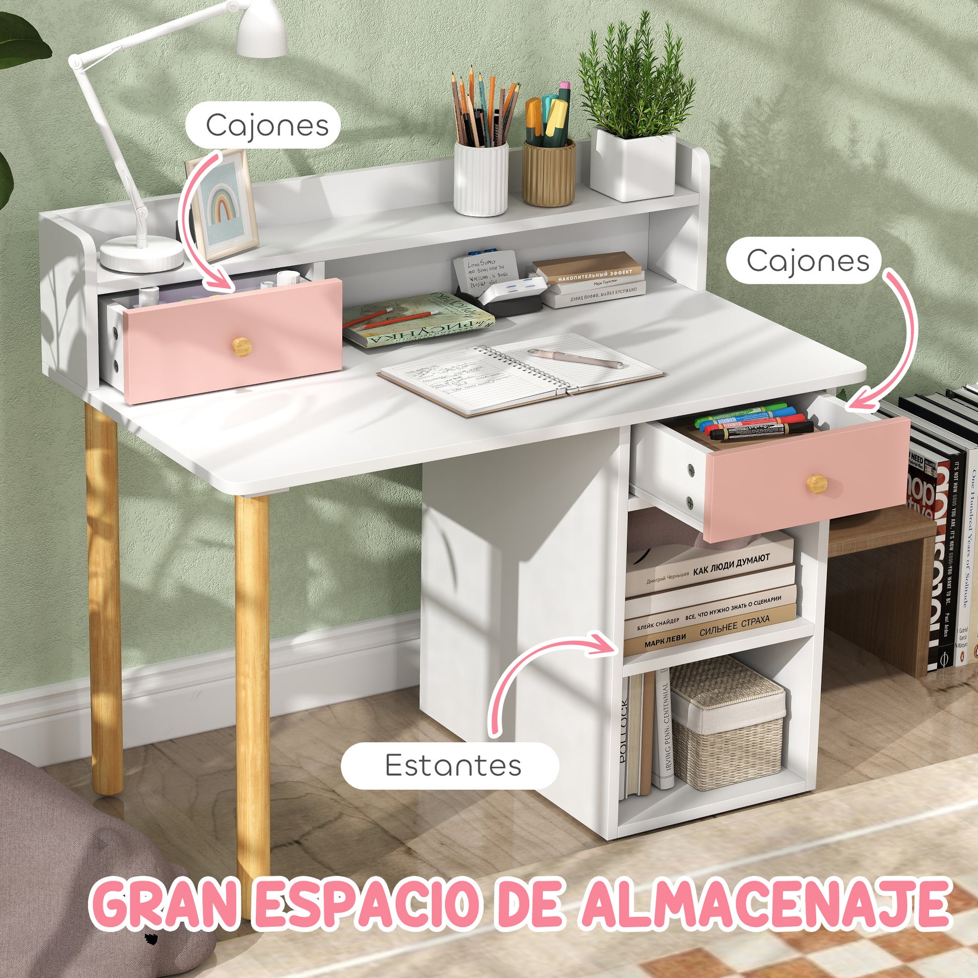 Kids Desk and Chair Set for +3 Years Old Children Children's Desk with Drawers Compartment and Shelves for Bedroom Study Room Pink and White
