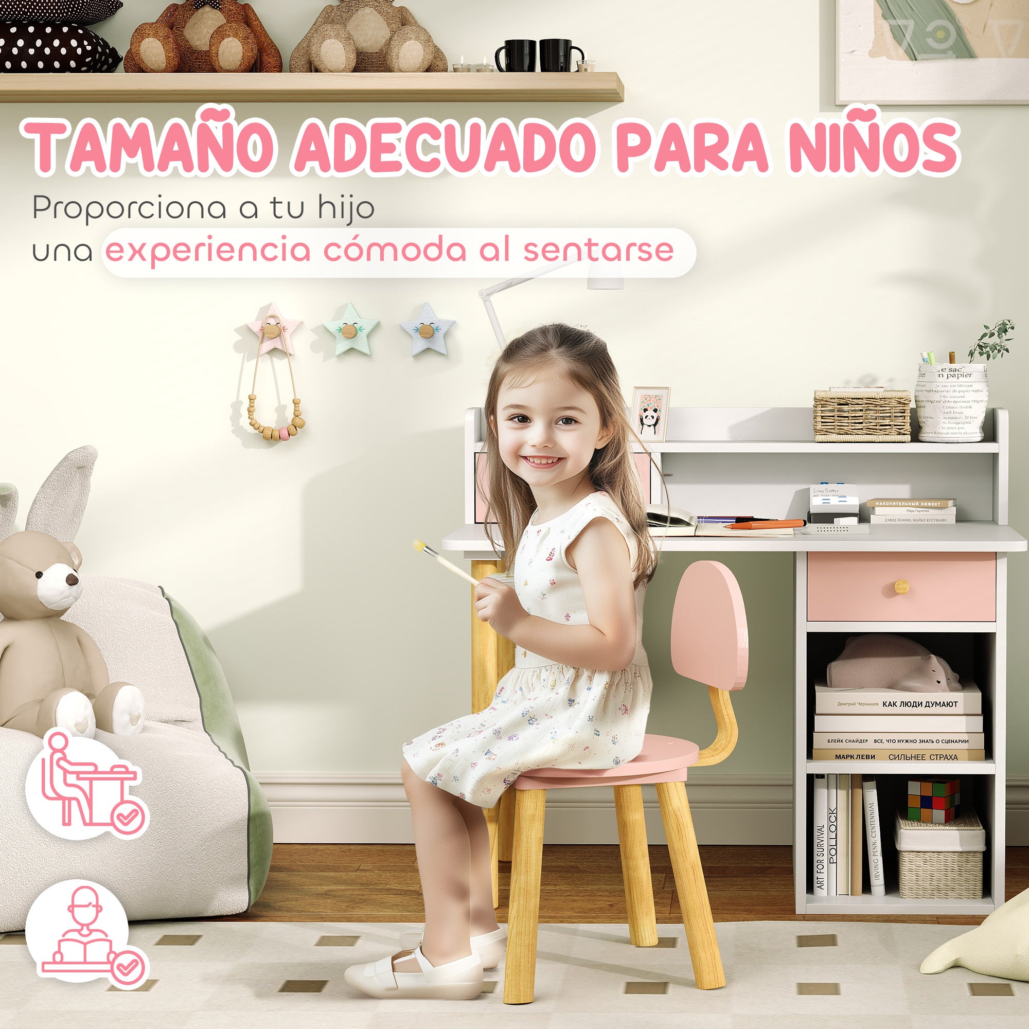 Kids Desk and Chair Set for +3 Years Old Children Children's Desk with Drawers Compartment and Shelves for Bedroom Study Room Pink and White