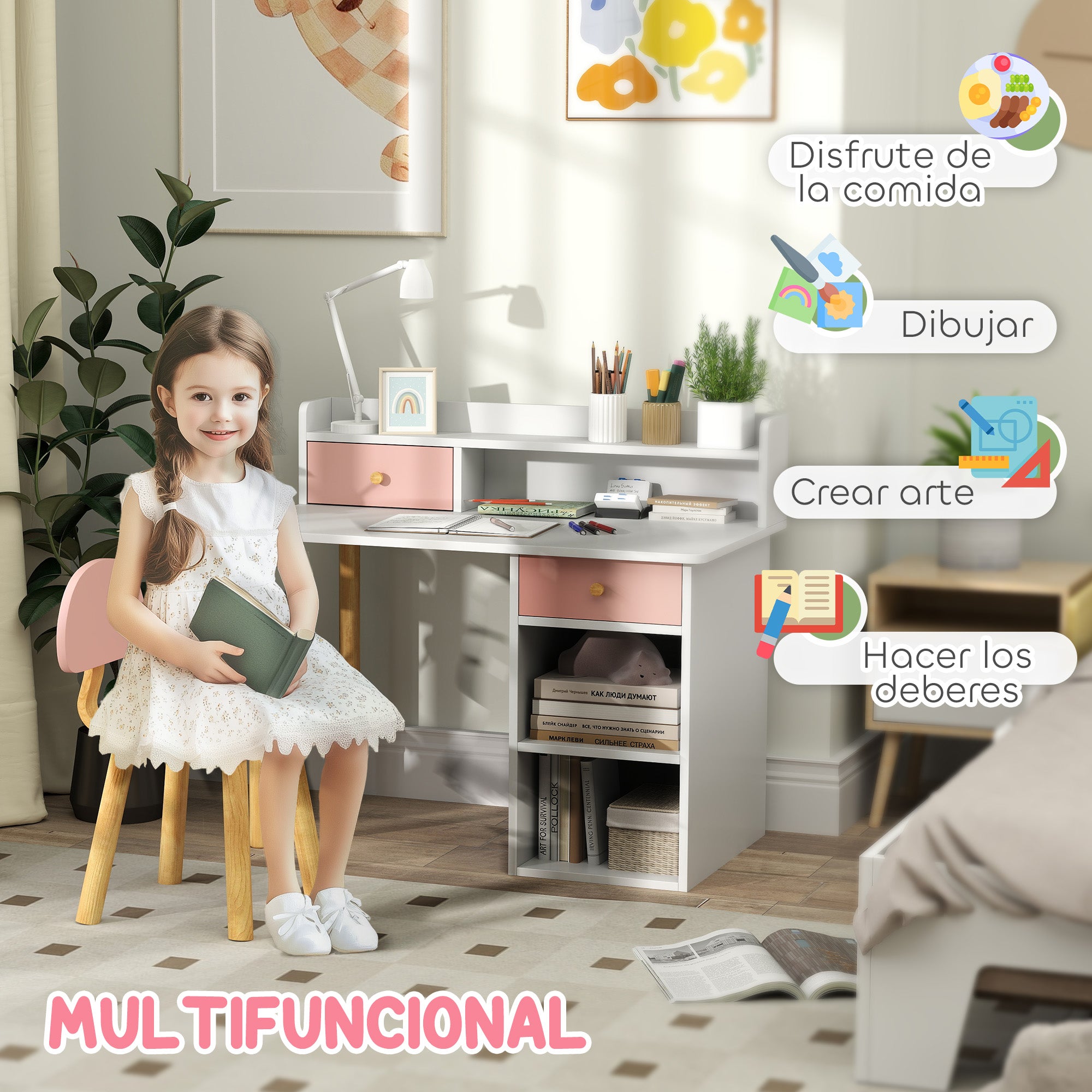 Kids Desk and Chair Set for +3 Years Old Children Children's Desk with Drawers Compartment and Shelves for Bedroom Study Room Pink and White