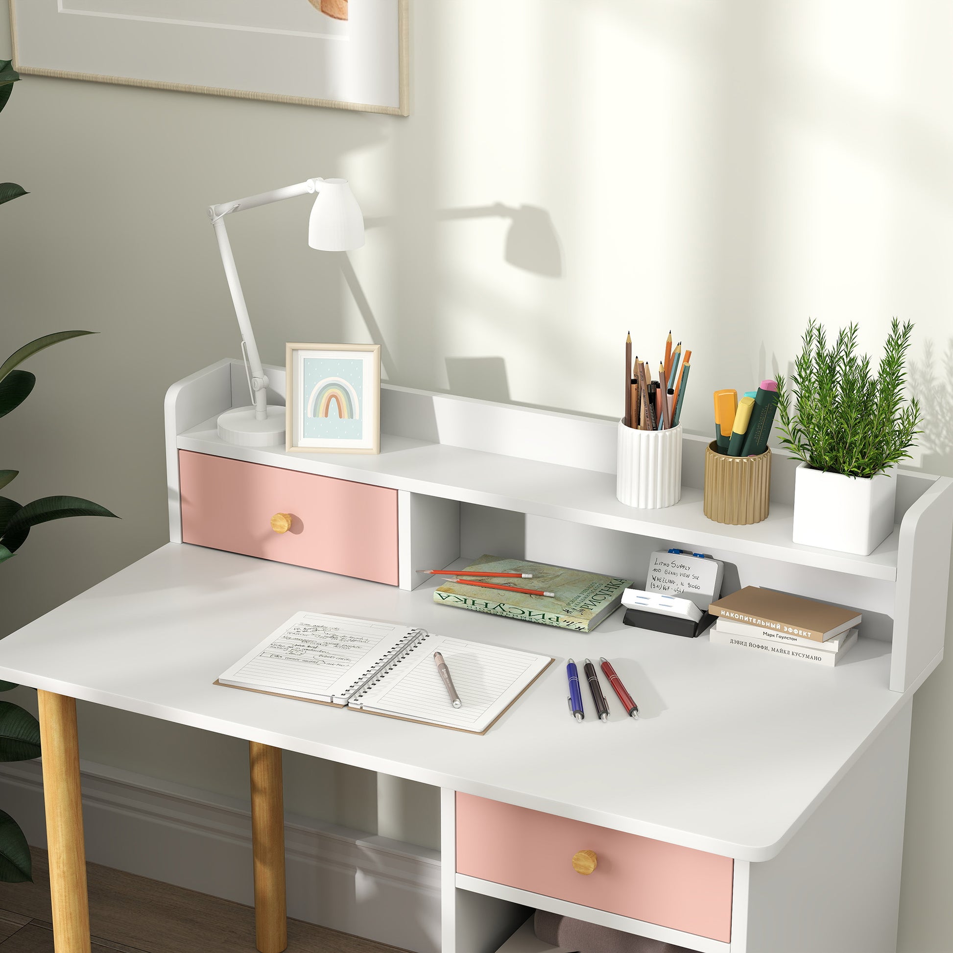 Kids Desk and Chair Set for +3 Years Old Children Children's Desk with Drawers Compartment and Shelves for Bedroom Study Room Pink and White