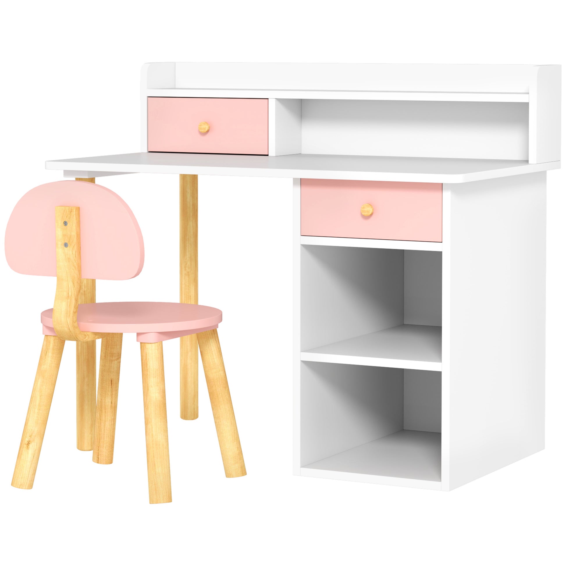Kids Desk and Chair Set for +3 Years Old Children Children's Desk with Drawers Compartment and Shelves for Bedroom Study Room Pink and White