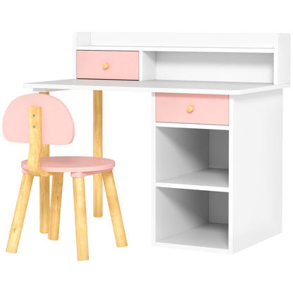 Kids Desk and Chair Set for +3 Years Old Children Children's Desk with Drawers Compartment and Shelves for Bedroom Study Room Pink and White