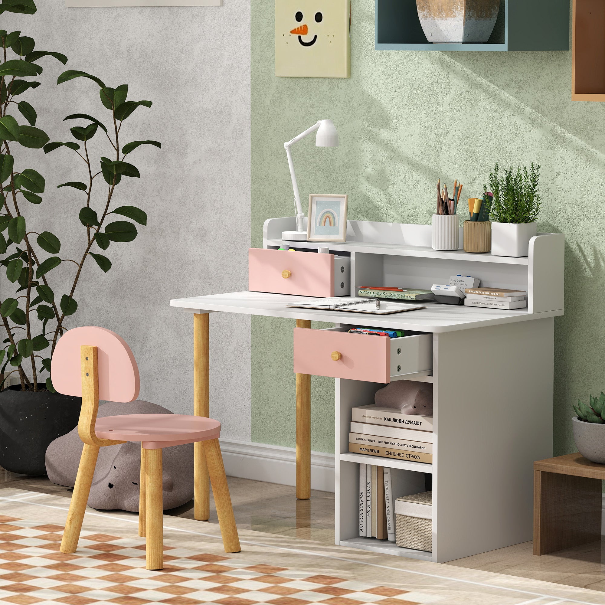 Kids Desk and Chair Set for +3 Years Old Children Children's Desk with Drawers Compartment and Shelves for Bedroom Study Room Pink and White
