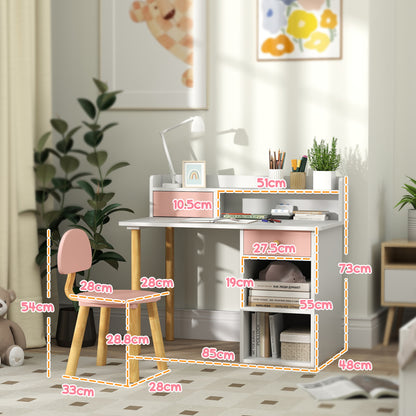 Kids Desk and Chair Set for +3 Years Old Children Children's Desk with Drawers Compartment and Shelves for Bedroom Study Room Pink and White