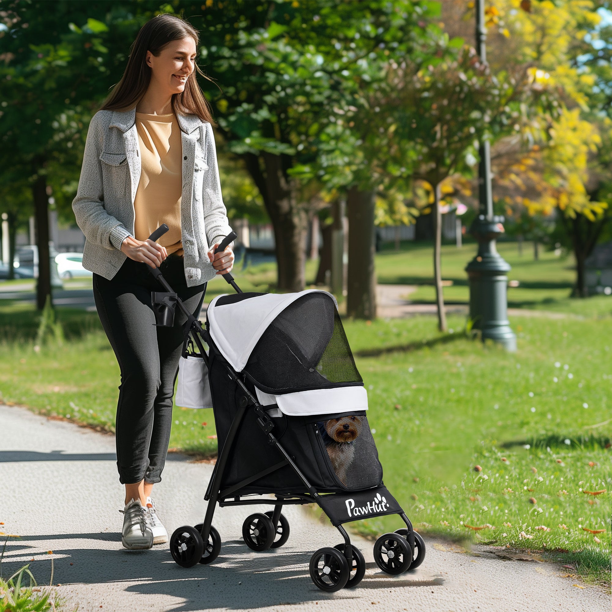 Dog Stroller Pet Stroller Foldable for Dogs & Cats Cat Stroller with Mesh Windows, Shoulder Strap, Storage Bag, Cup Holder Umbrella Cat Carriage Light Grey
