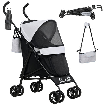 Dog Stroller Pet Stroller Foldable for Dogs & Cats Cat Stroller with Mesh Windows, Shoulder Strap, Storage Bag, Cup Holder Umbrella Cat Carriage Light Grey
