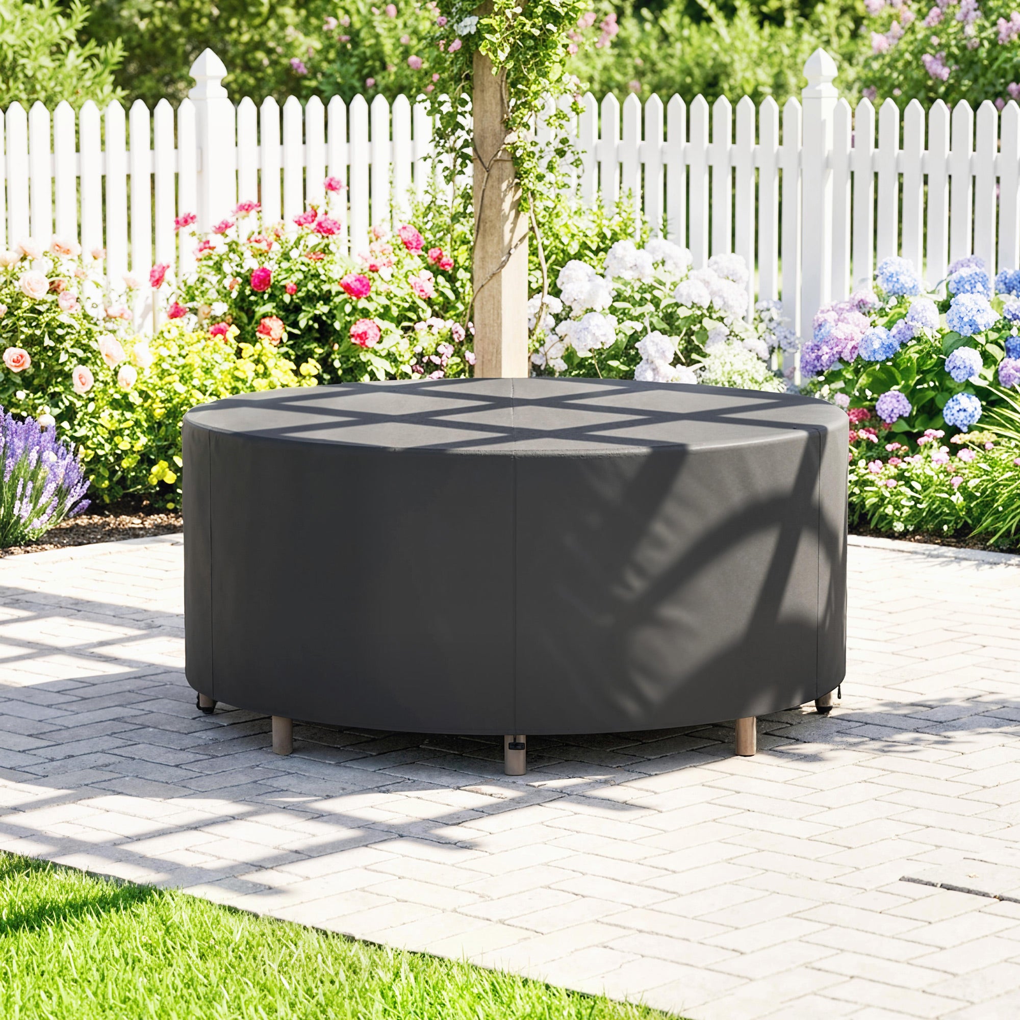Round Patio Furniture Cover – 420D Waterproof Oxford, UV30+ Protection, Fits Round Tables & Stacked Chairs Ø84.3" x 27.6", Black