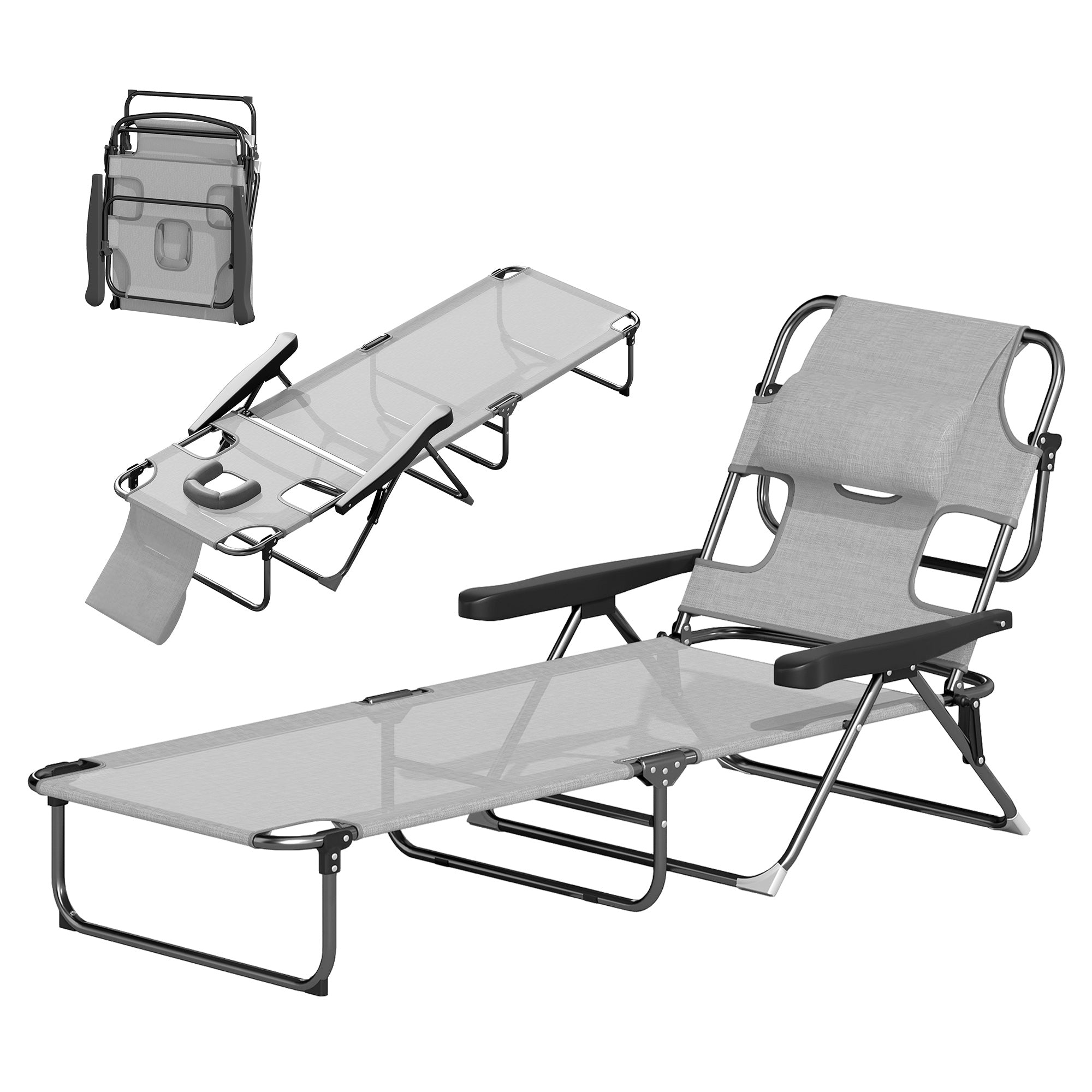 Folding Sun Lounger Garden Lounger with Reading Window, Head Pillow, Reclining Chair with 4-Fold Adjustable Backrest, Weatherproof Camping Lounger up to 120 kg Load Capacity, for Garden Beach Pool, Dark Gray