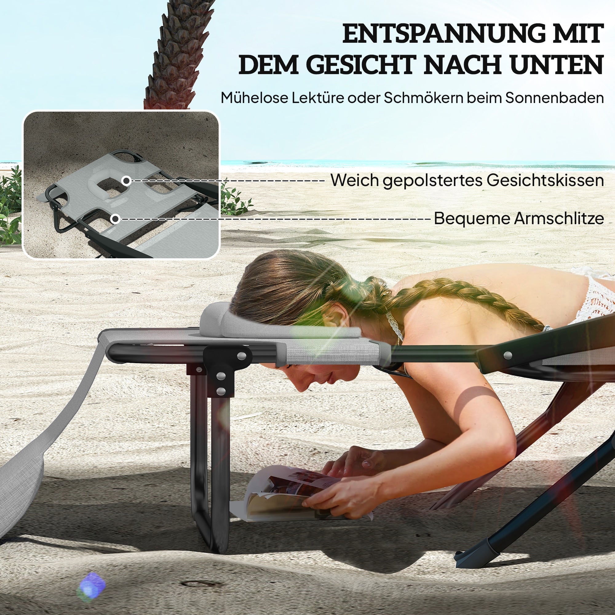 Folding Sun Lounger Garden Lounger with Reading Window, Head Pillow, Reclining Chair with 4-Fold Adjustable Backrest, Weatherproof Camping Lounger up to 120 kg Load Capacity, for Garden Beach Pool, Dark Gray