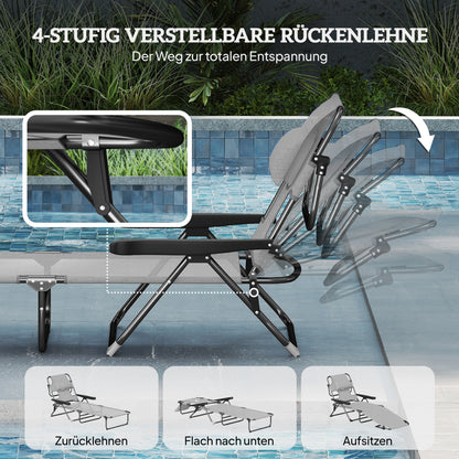 Folding Sun Lounger Garden Lounger with Reading Window, Head Pillow, Reclining Chair with 4-Fold Adjustable Backrest, Weatherproof Camping Lounger up to 120 kg Load Capacity, for Garden Beach Pool, Dark Gray