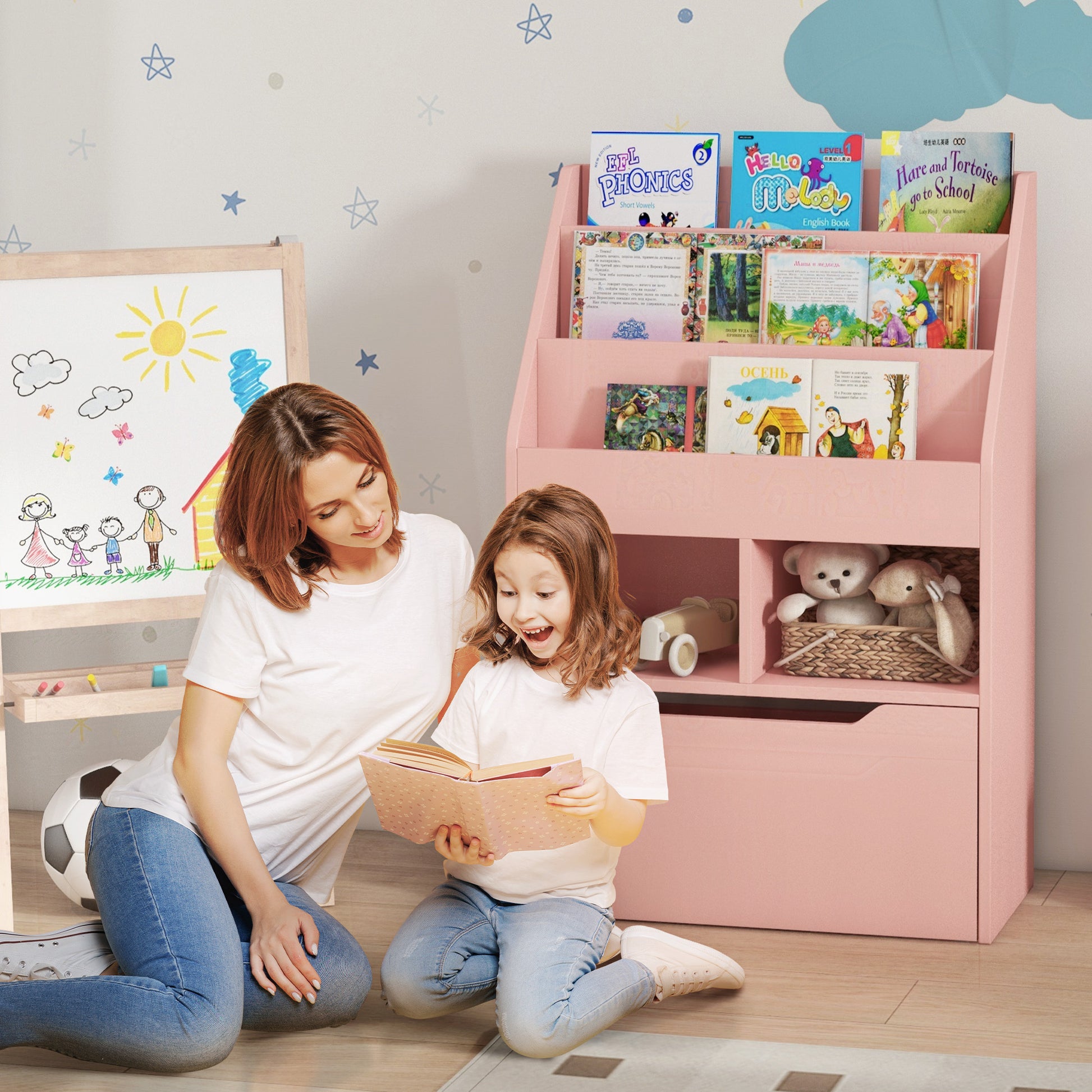 Children's Bookshelf Kids Shelf with Drawer, 3 Shelves and 2 Open Shelves, Storage Shelf for Kids Room, Playroom, Pink, 60 x 29.9 x 90 cm